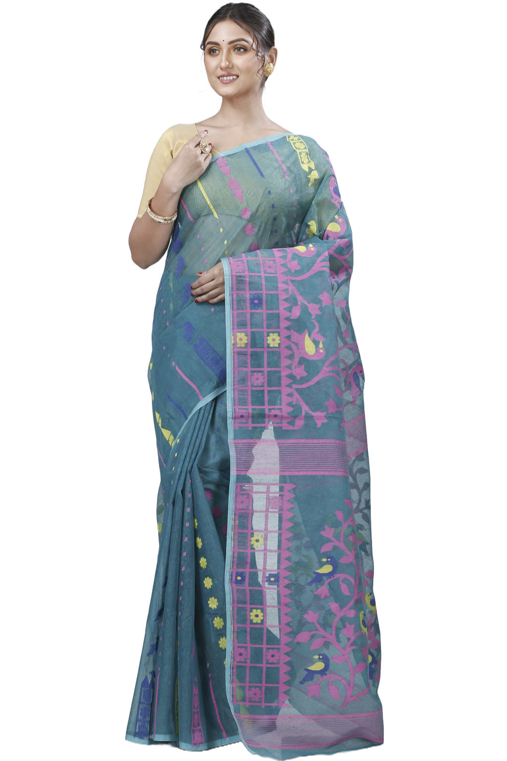 See Green Pure Cotton Sabon Jamdani Saree (1307)